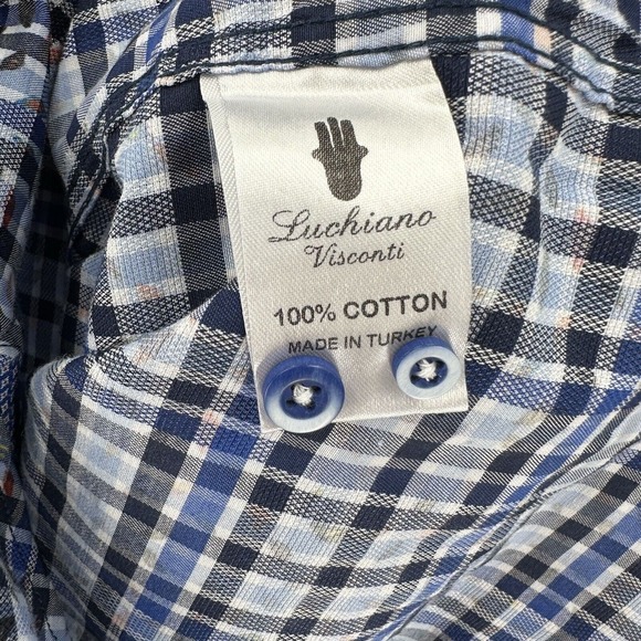 Luchiano Visconti Black Mens Shirt‎ MEDIUM Blue Plaid Geometric Button Up - Picture 11 of 15
